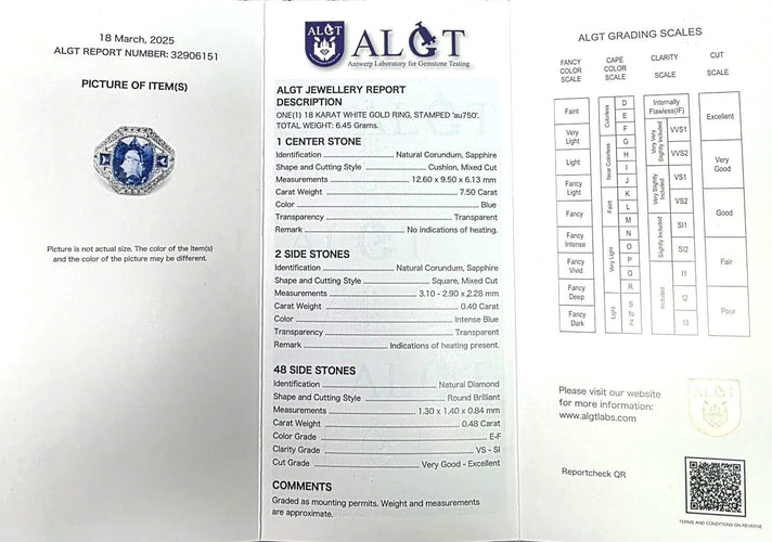 Bague 52 Bague princière en or blanc 18 carats avec un saphir de Ceylan certifié au centre, des saphirs latéraux et des diamants 58 Facettes
