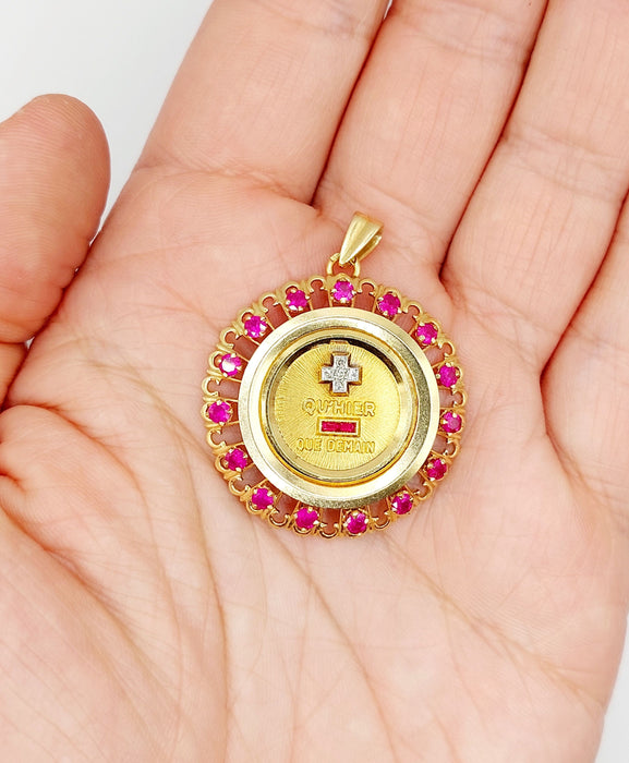 XXL Pendentif médaille d'amour Augis 33 mm or jaune diamant rubis hier demain