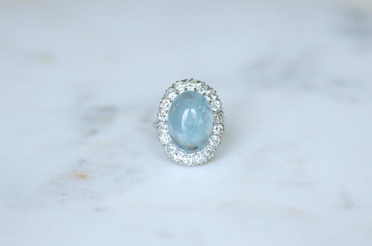 Bague 53.5 Bague Marguerite or blanc, Cabochon Aigue-Marine et Diamants 58 Facettes