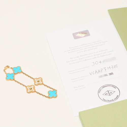 Bracelet Van Cleef & Arpels - EXTRA RARE Bracelet Vintage Alhambra 5 motifs turquoise et diamants 58 Facettes