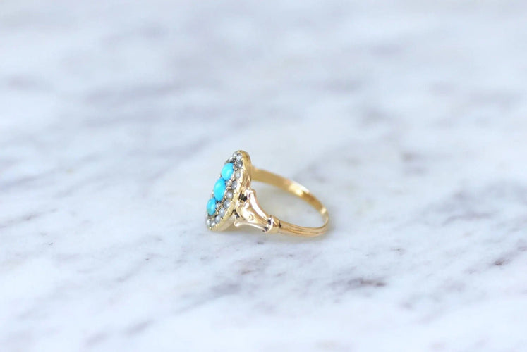 Bague marquise turquoises et perles