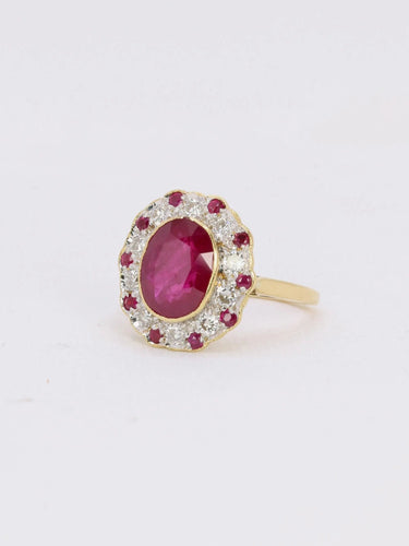 Bague 51 Bague marguerite vintage or jaune diamants rubis ovale 2,2 ct 58 Facettes J381