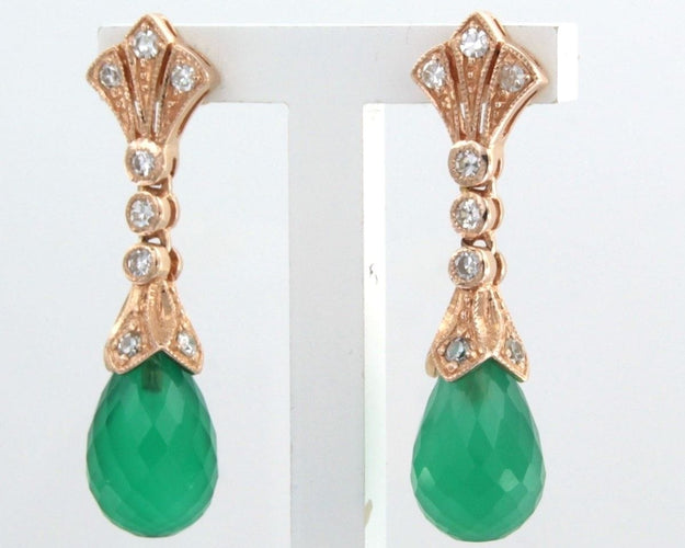 Boucles d'oreilles Boucles d'oreilles en or rose avec calcédoine verte et diamants taille simple 58 Facettes