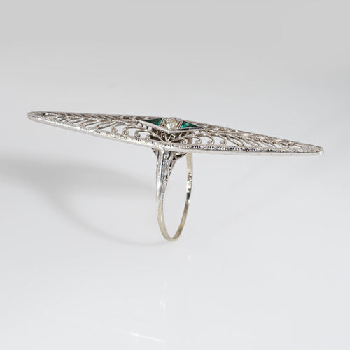 Bague 55.5 Bague vintage Art Déco en or 18 carats, sertie de diamants et de diamants, taille 7,5, style filigrane allongé. 58 Facettes G14158