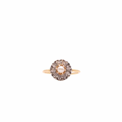 Bague Bague rosace de diamants avec perle fine début 1900 or jaune 58 Facettes 485
