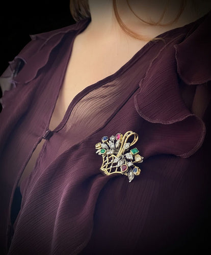 Spilla-Ciondolo a Bouquet con Diamanti e Pietre Preziose 58 Facettes