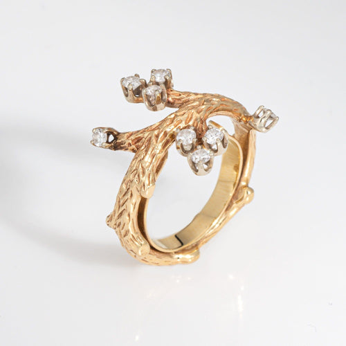 Bague 49 Bague branche d'arbre vintage en or jaune et diamants des années 60 58 Facettes G13972