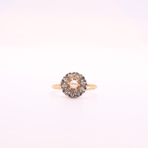 Bague Bague rosace de diamants avec perle fine début 1900 or jaune 58 Facettes 485