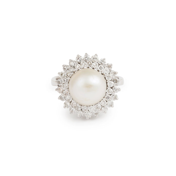 Bague Marguerite or gris, perle 10mm, diamants