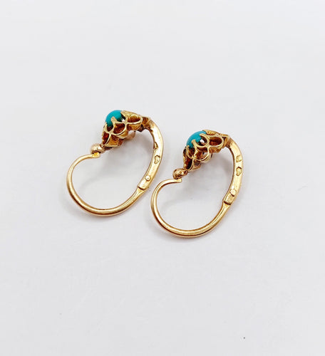 Boucles d'oreilles Dormeuses or jaune, cabochons de turquoises sur monture en fleur (circa 1900) 58 Facettes A05448