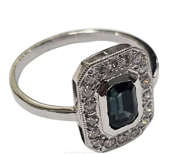 Bague 56.5 Bague Art Déco en platine avec saphir vert naturel et diamants 58 Facettes Q391B