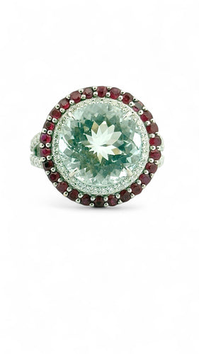 Bague 55 Bague en or blanc 18 carats , aigue-marine , diamants , rubis 58 Facettes