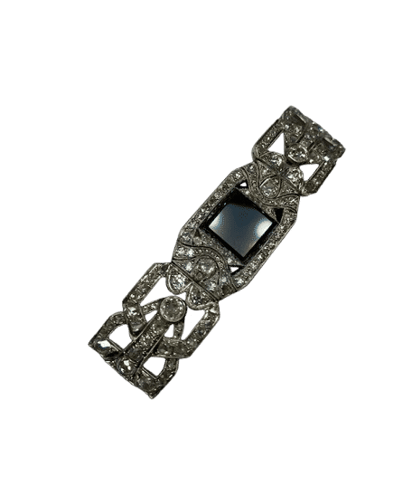 Broche art deco platine diamants onyx