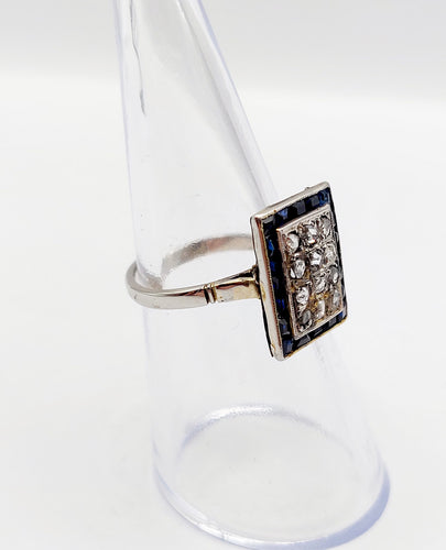 Bague marquise art deco or blanc 18k diamants et saphirs calibrés (circa 1920)