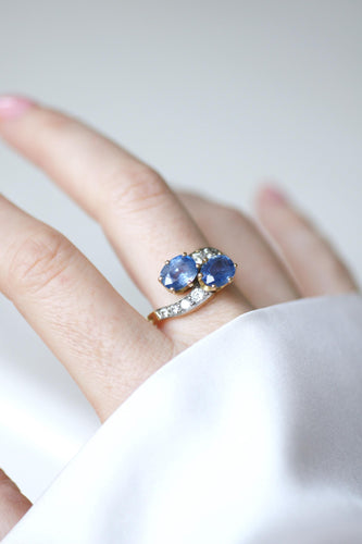 Bague 57 Bague Toi et Moi or jaune, or blanc, Saphirs de Ceylan et Diamants 58 Facettes