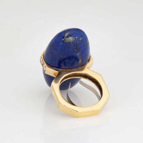 Bague Bague vintage en or jaune 18 carats avec diamants et lapis-lazuli, style abstrait, années 70, taille 5, bijoux de domaine 58 Facettes G13579