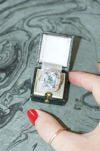Bague 58 Bague Art Déco Octogonale Aigue-Marine 4,90 Cts et Diamants 58 Facettes
