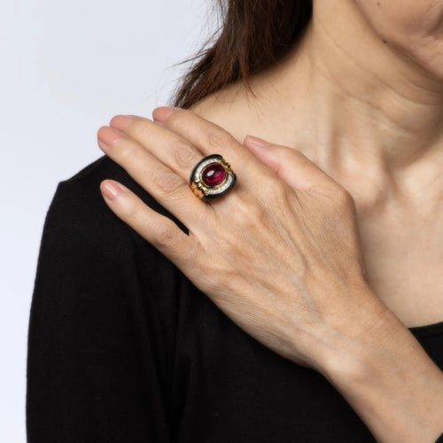 Bague en or 18 carats vintage avec diamants et tourmaline rose et onyx des années 80, taille 7,5