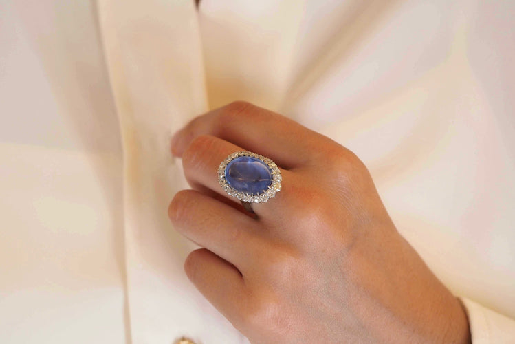Bague 53 Bague platine saphir cabochon de 17,65 cts et diamants 58 Facettes 26062-24666
