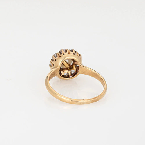 Antique Victorian Ring Pearl Mine Cut Diamond Cluster 14k Yellow Gold Halo 58 Facettes G13660