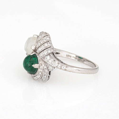 Bague Art déco vintage, émeraude, pierre de lune, diamant, taille 10, bijou de succession raffiné