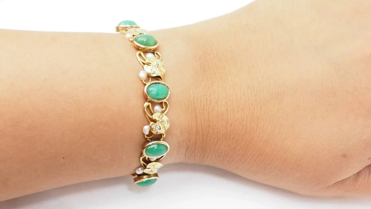 Bracelet Bracelet or jaune chrysoprases diamants et perles fines 58 Facettes 32781