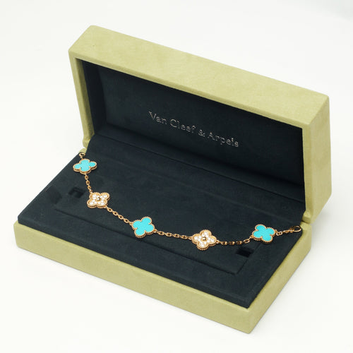 Bracelet Van Cleef & Arpels - EXTRA RARE Bracelet Vintage Alhambra 5 motifs turquoise et diamants 58 Facettes