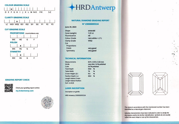 Bague 52 Solitaire en or gris 18 Cts - Diamant taille emeraude 1,51 ct F-VVS2 certifie HRD - Taille 52 58 Facettes FB09091-FB09120