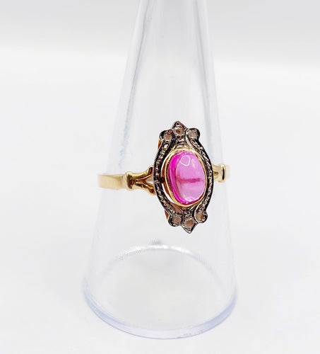 Bague marquise style Art Nouveau or jaune, cabochon de rubis synthétique et diamants taille rose 58 Facettes A05885