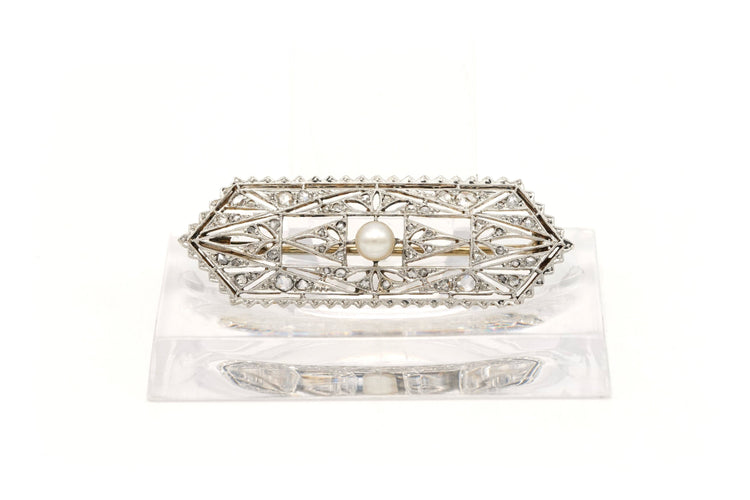 Broche Broche Art Déco en or blanc 18 carats sertie d'une perle et de diamants "taille" rose 58 Facettes B658