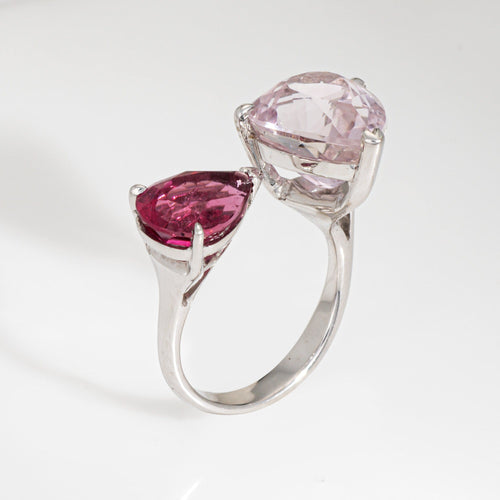 Bague 54.5 Bague ouverte en or blanc 18 carats et tourmaline rose kunzite, taille 7, bijou cocktail vintage 58 Facettes G14140