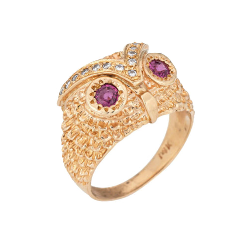Bague Diamond Owl Ring Vintage 14k Yellow Gold Ruby Eyes Fine Jewelry Sz 7.5 58 Facettes G10213