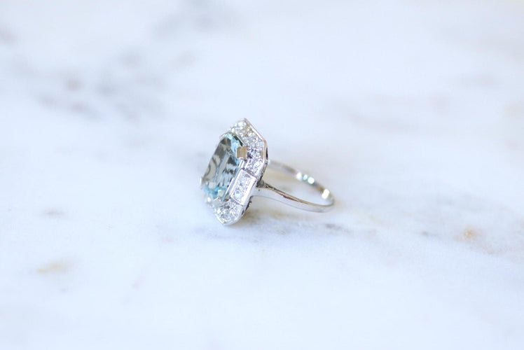 Bague 58 Bague Art Déco Octogonale Aigue-Marine 4,90 Cts et Diamants 58 Facettes