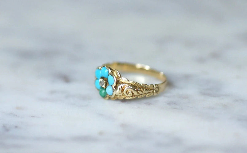 Bague Bague fleur ancienne turquoises et diamant 58 Facettes