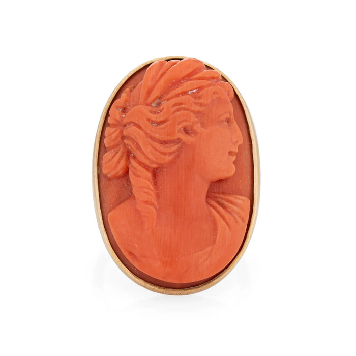 Bague 47.5 Antique Victorian Coral Cameo Ring Vintage Yellow Gold Large Cocktail 58 Facettes G12698