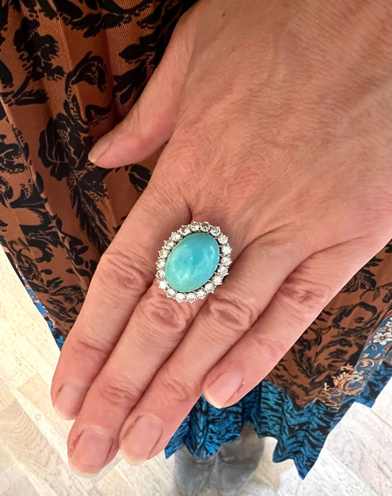 Bague 57 Bague pompadour cabochon turquoise diamants platine or blanc 58 Facettes B338