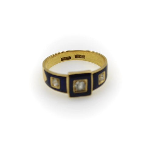 Bague 18K Gold Early Victorian Diamond Trilogy Ring with Blue Enamel Details 58 Facettes