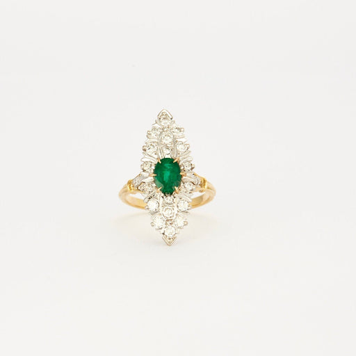 Ring 58 Vintage marquise ring with diamonds and Emerald center in gold and Platinum 58 Facettes