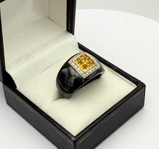 Bague 54 GUY LAROCHE - Bague en céramique noire avec citrine et diamant 58 Facettes