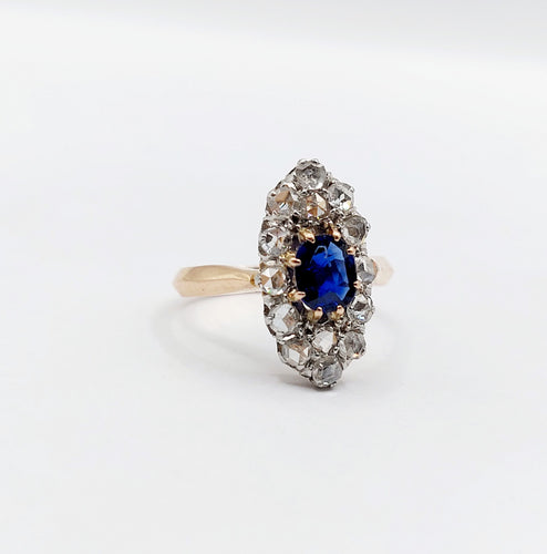 Bague 47 Bague marquise antique or rose 18k saphir synthétique taille coussin et diamants taille roses (circa 1900) 58 Facettes A05612
