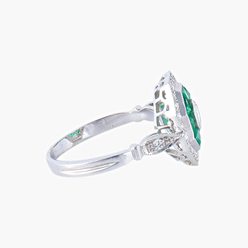 Bague style Art Déco Diamants Emeraudes