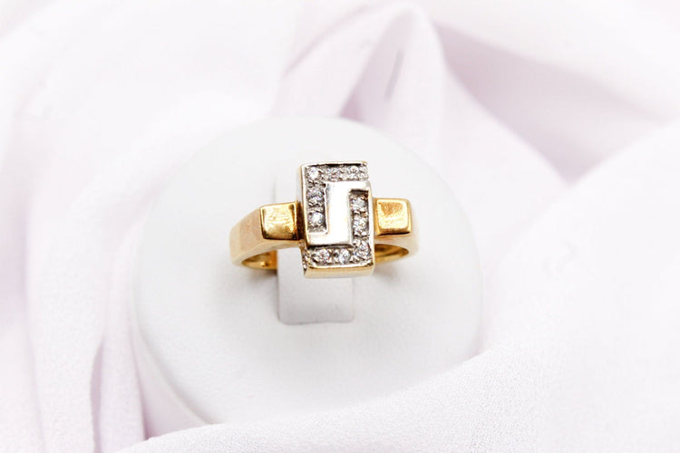Bague Bague rectangulaire pavée de 11 diamants en or jaune et or blanc 58 Facettes 240043