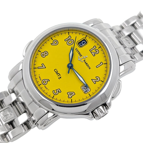 Montre Ulysse Nardin San Marco GMT + Dual Time Date 203-22 Stainless Steel Yellow Dial Automatic 58 Facettes
