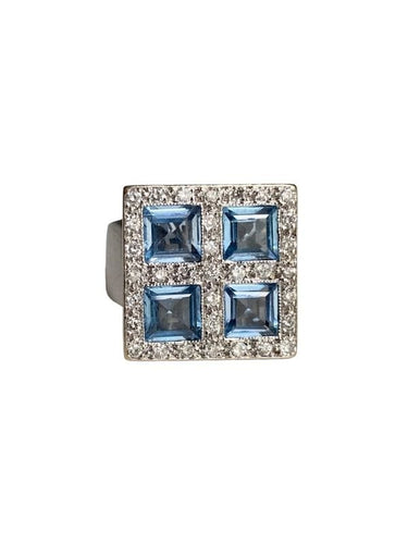Bague 54 Bague en or blanc 18k de forme carrée, sertie de quatre aigue-marine et diamants 58 Facettes