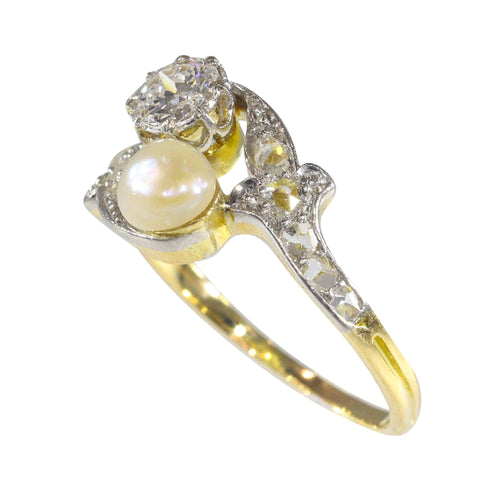 Vintage Belle Epoque diamond and pearl romantic toi-et-moi engagement ring