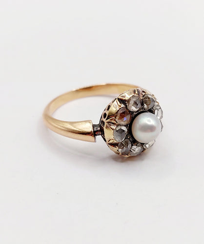 Bague 55 Bague marguerite antique en or rose 18k avec perle et diamants taille roses 58 Facettes A06463