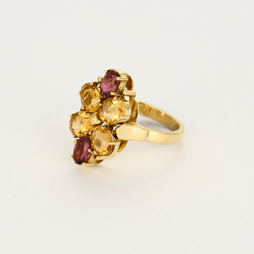 Elégante Bague cocktail  en or jaune, citrines et tourmalines