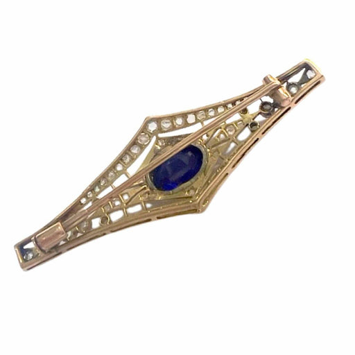 1930s Art Deco Brooch in 18kt Gold and Platinum with Diamonds and Synthetic Sapphire 58 Facettes A2602