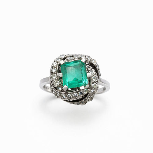 Bague 55 Bague en or blanc, émeraude, diamants – Style vintage classique 58 Facettes 50382