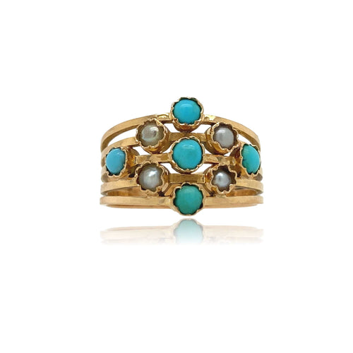 Bague 56 Bague Ancienne Or Rose 18 carats Turquoises et perles 58 Facettes BAF270